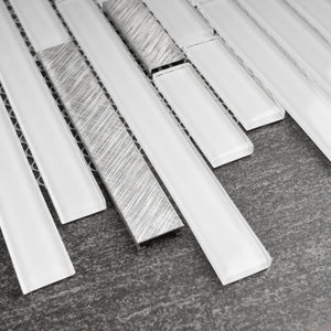 TBVSG-04 Linear White and Silver Glass and Aluminum Mosaic Tile Sheet