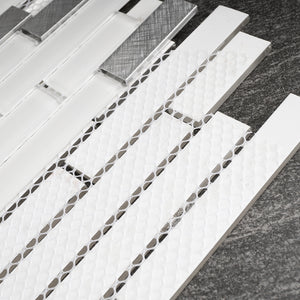TBVSG-04 Linear White and Silver Glass and Aluminum Mosaic Tile Sheet