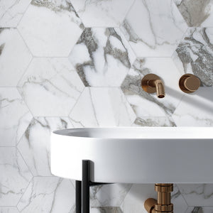 CA-MAH8B Calacatta Majestic 7.7" x 8.9" Hexagon Porcelain Patterned Wall & Floor Tile