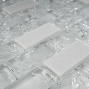 TCESG-01  1x2 Brick Crackled Glass Mosaic Tile in White