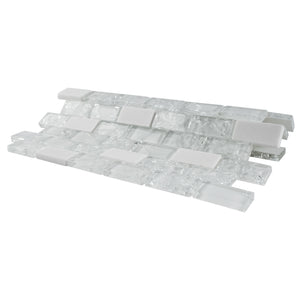 TCESG-01  1x2 Brick Crackled Glass Mosaic Tile in White