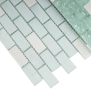 TCESG-02  1x2 Brick Crackled Glass Mosaic Tile in Mint Green/White