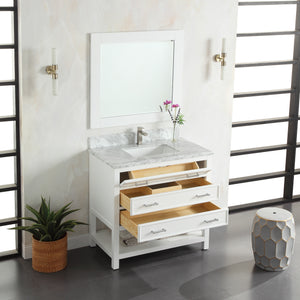1912-36-01  36" Matt White Bathroom Vanity Cabinet Set Marble Top and Sink