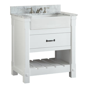 1915-30-01  30" Matt White Bathroom Vanity Cabinet Set Marble Top and Sink
