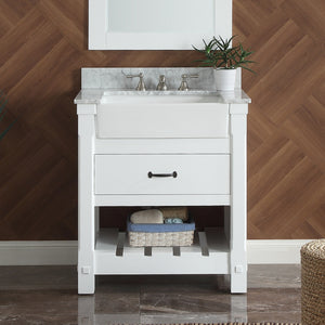 1915-30-01  30" Matt White Bathroom Vanity Cabinet Set Marble Top and Sink