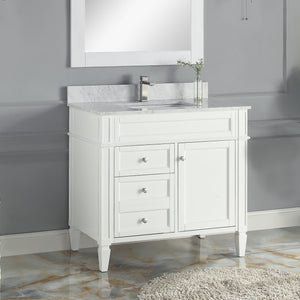 1916-36-01  36" Matt White Bathroom Vanity Cabinet Set Marble Top and Sink