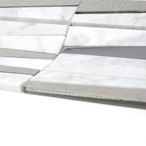 TDLG-02 Irregular Triangle White Cararra Stone and Silver Glass Mosaic Tile Backsplash