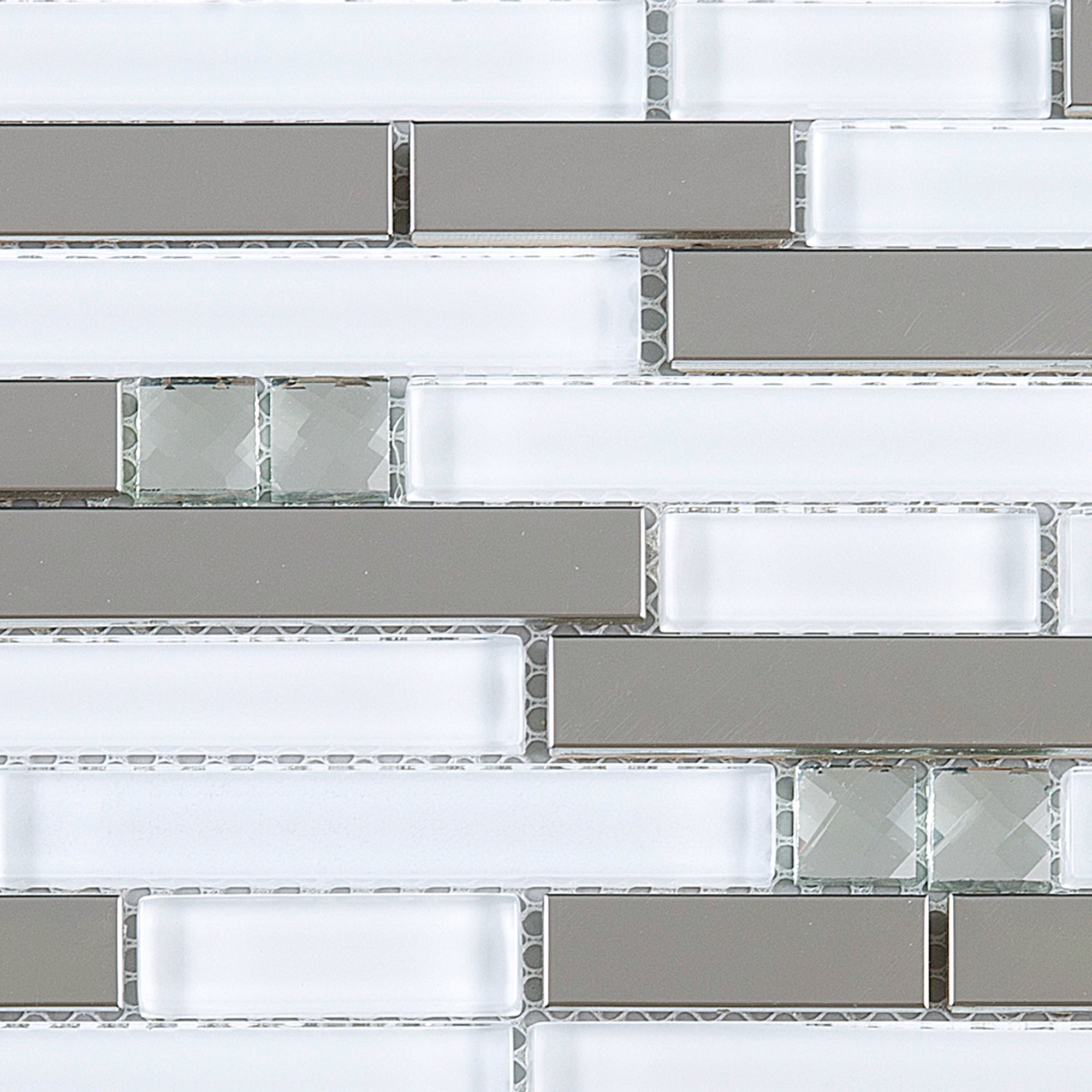 Tile Generation TDSSG-02 White Glass and Crystal with Stainless Steel Mosaic Tile Shee ...