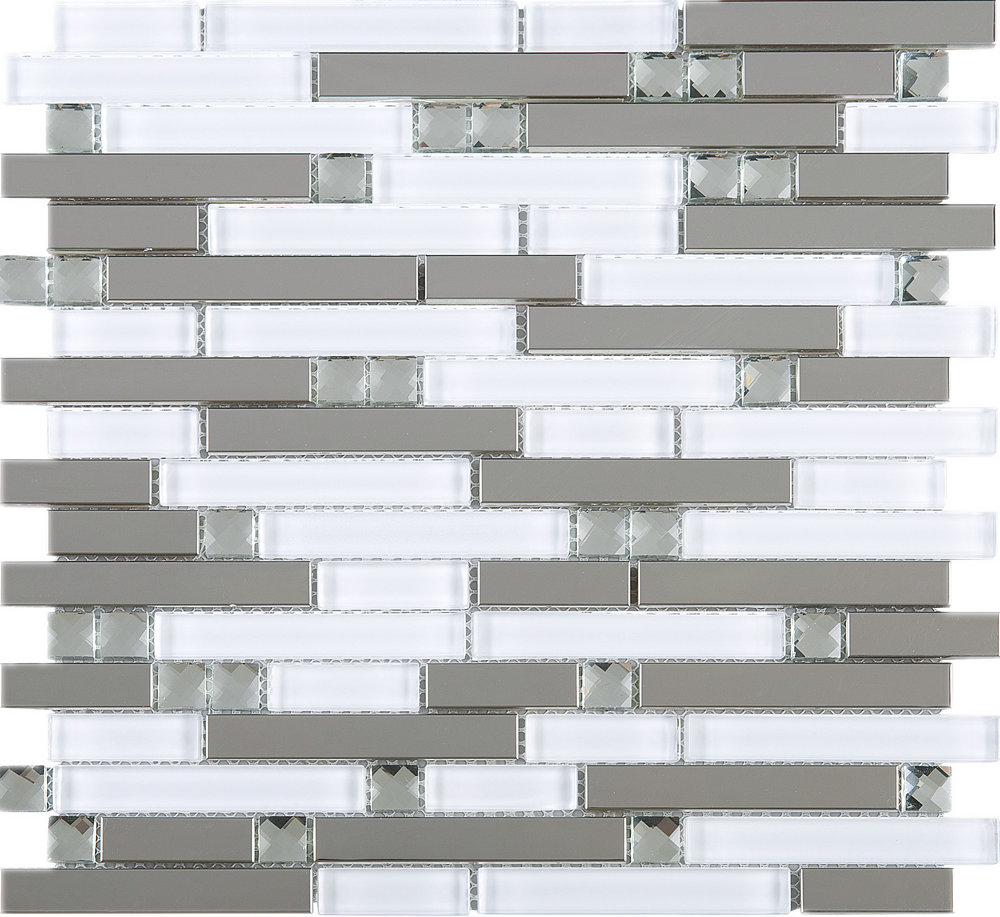 TDSSG-02 White Glass and Crystal with Stainless Steel Mosaic Tile Sheet