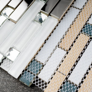TDSSG-02 White Glass and Crystal with Stainless Steel Mosaic Tile Sheet