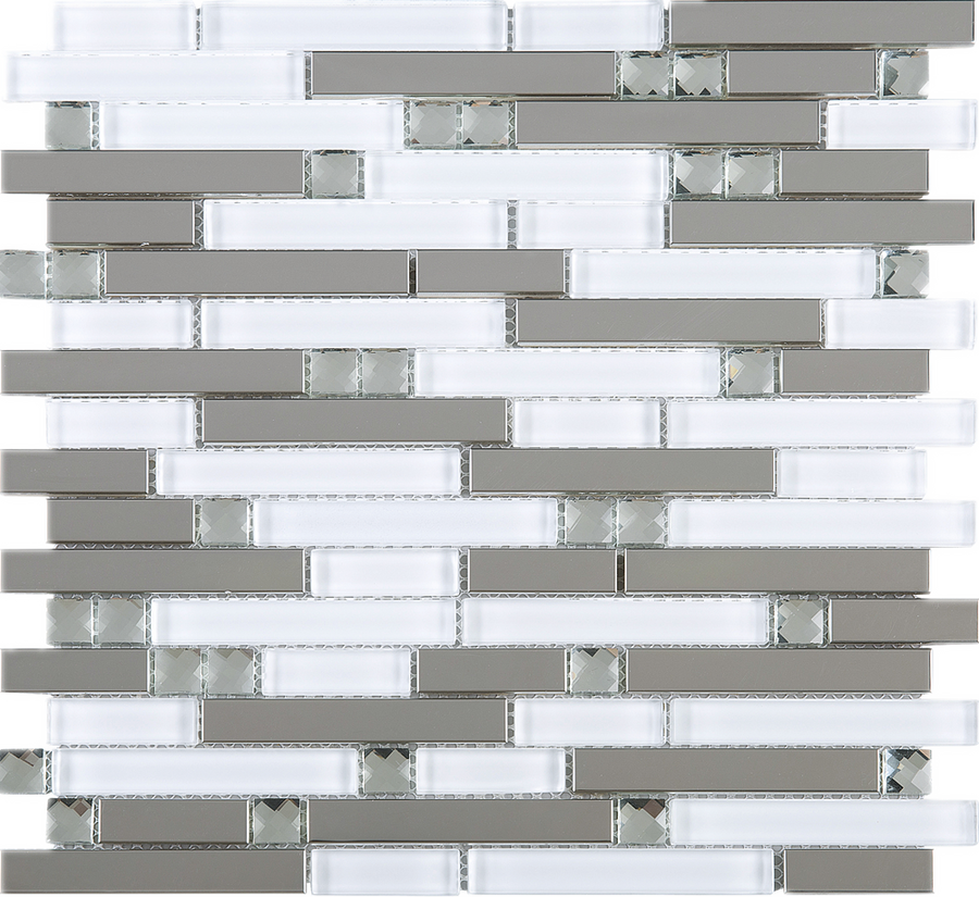 TDSSG-02 White Glass and Crystal with Stainless Steel Mosaic Tile Shee ...