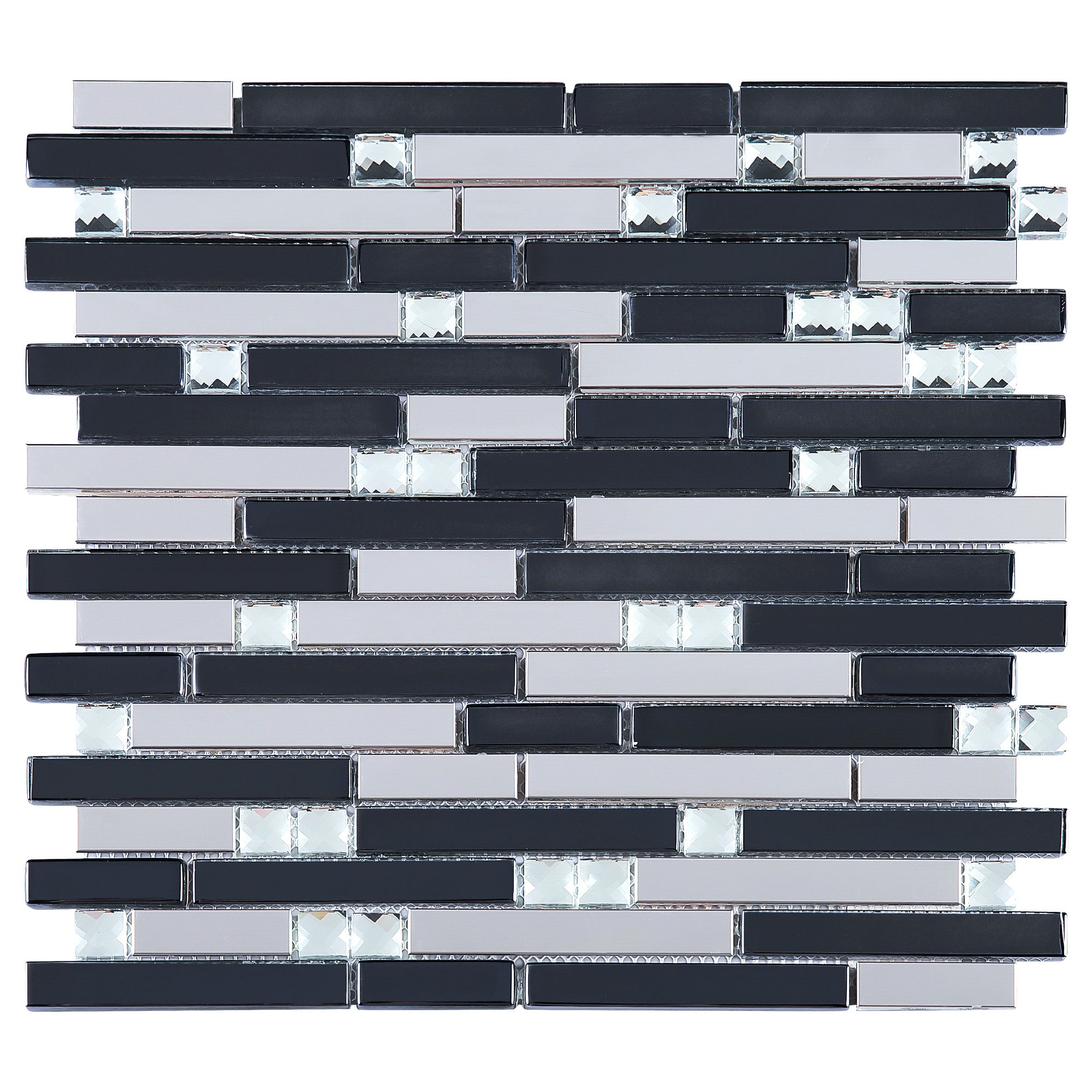 TDSSG-06 Black glass with clear crystal and stainless steel mosaic til ...