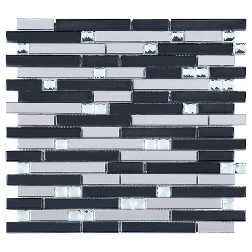 TDSSG-06 Black glass with clear crystal and stainless steel mosaic tile