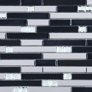 TDSSG-06 Black glass with clear crystal and stainless steel mosaic tile