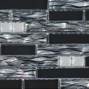 TDSSG-08 Black Grey Foil Glass with White Crystal and Black Glass Mosaic Tile Sheet