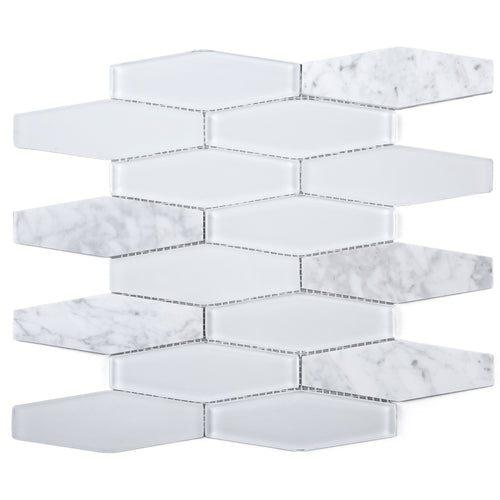 TFNG-01 Long Hexagon White Carrara Marble and White Glass Mosaic Tile