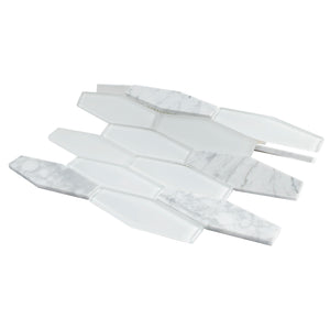 TFNG-01 Long Hexagon White Carrara Marble and White Glass Mosaic Tile