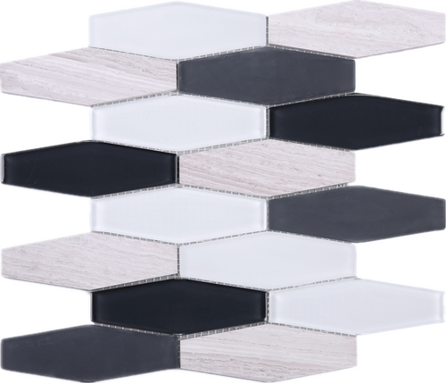 TFNG-02 Oversize Long Hexagon Wooden Beige Marble and Black/White Glass Mosaic Tile