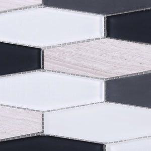 TFNG-02 Oversize Long Hexagon Wooden Beige Marble and Black/White Glass Mosaic Tile Backsplash