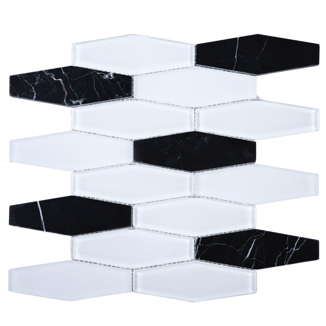 TFNG-03 Oversize Long Hexagon Black/White Glass Mosaic Tile