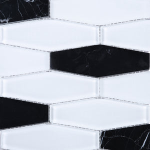 TFNG-03 Oversize Long Hexagon Black Marquina Marble and White Glass Mosaic Tile