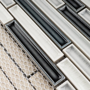 THMAG-11 Grey and White Stripe Handmade Ceramic Mosaic Tile Sheet