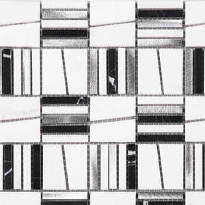 TIMLG-01 2x2 Black and White Square Marble and Silver Aluminum Mosaic Tile Backsplash
