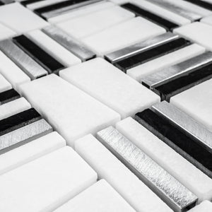 TIMLG-01 2x2 Black and White Square Marble and Silver Aluminum Mosaic Tile Backsplash