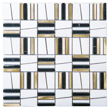 TIMLG-02 2x2 Black and White Square Marble and Gold Aluminum Mosaic Tile Backsplash
