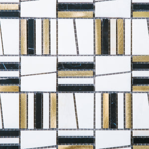 TIMLG-02 2x2 Black and White Square Marble and Gold Aluminum Mosaic Tile Backsplash
