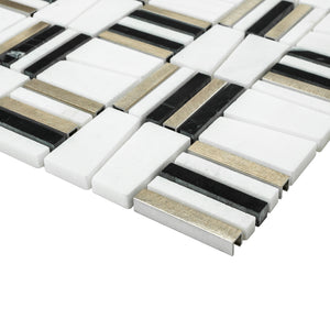 TIMLG-02 2x2 Black and White Square Marble and Gold Aluminum Mosaic Tile Backsplash