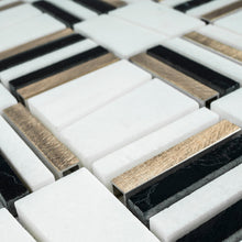 TIMLG-02 2x2 Black and White Square Marble and Gold Aluminum Mosaic Tile Backsplash