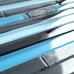 TISTG-12 Blue & Grey Random Brick Glass Mix Marble Mosaic Tile