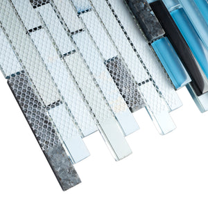 TISTG-12 Blue & Grey Random Brick Glass Mix Marble Mosaic Tile