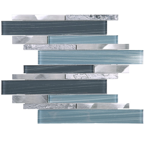 TISTG-14 Blue & Grey Random Large Brick Glass, Stone Mix Metal Mosaic Tile