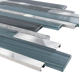 TISTG-14 Blue & Grey Random Large Brick Glass, Stone Mix Metal Mosaic Tile