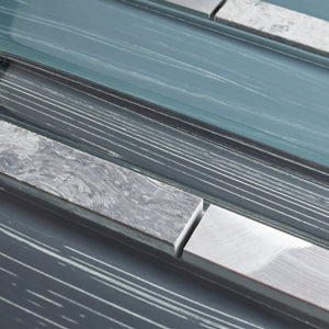 TISTG-14 Blue & Grey Random Large Brick Glass, Stone Mix Metal Mosaic Tile