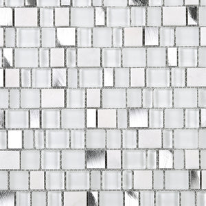 TISTG-01 Random Square Sequence Glass and Aluminum Mosaic Tile in White
