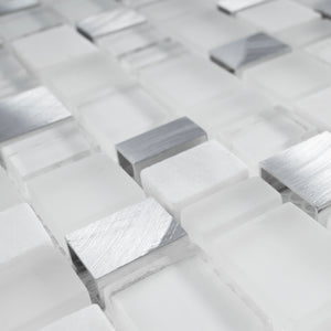 TISTG-01 Random Square Sequence Glass and Aluminum Mosaic Tile in White