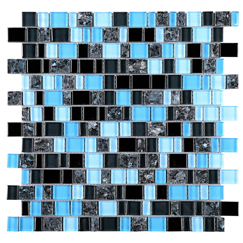 TISTG-04 Blue Black Random Square Sequence Glass and Grey Stone Mix Aluminum Mosaic Tile