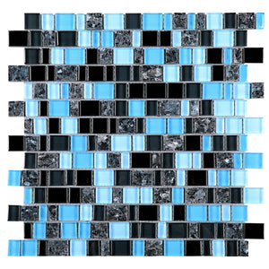 TISTG-04 Blue Black Random Square Sequence Glass and Grey Stone Mix Aluminum Mosaic Tile