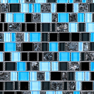 TISTG-04 Blue Black Random Square Sequence Glass and Grey Stone Mix Aluminum Mosaic Tile