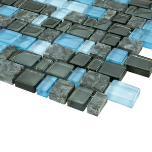TISTG-04 Blue Black Random Square Sequence Glass and Grey Stone Mix Aluminum Mosaic Tile