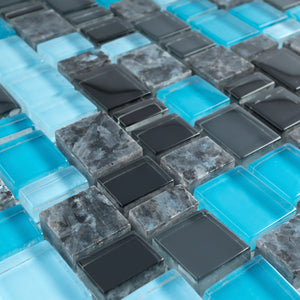 TISTG-04 Blue Black Random Square Sequence Glass and Grey Stone Mix Aluminum Mosaic Tile