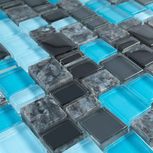 TISTG-04 Blue Black Random Square Sequence Glass and Grey Stone Mix Aluminum Mosaic Tile