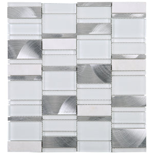 TISTG-05 Random Rectangle Sequence Glass and Aluminum Mosaic Tile in White