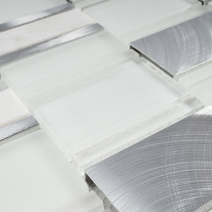 TISTG-05 Random Rectangle Sequence Glass and Aluminum Mosaic Tile in White