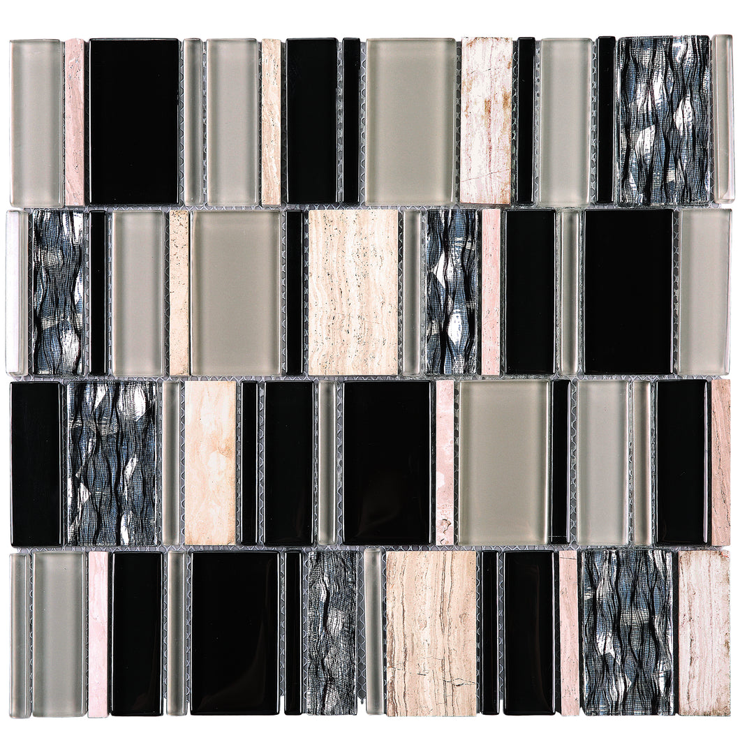 TISTG-07 Beige & Black Random Rectangle Glass Mix Stone Mosaic Tile