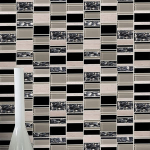TISTG-07 Beige & Black Random Rectangle Glass Mix Stone Mosaic Tile