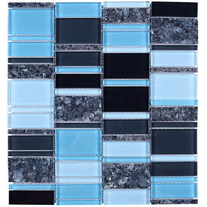 TISTG-08 Blue & Black Random Rectangle Glass Mix Stone Mosaic Tile